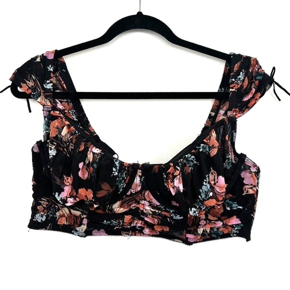 Torrid Curve Longline Bralette XL Floral Black Cap Sleeve Drawstring Mesh Bow - Picture 1 of 7